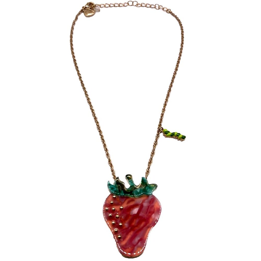 Betsey Johnson Enchanted Strawberry Necklace Red Green Caterpillar Goldtone Gift